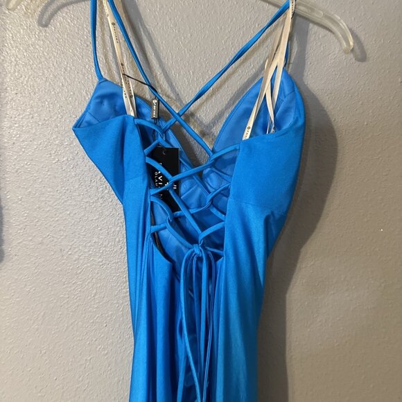 Faviana 8 Long Formal Prom Corset Gown Low Back Train 10826 Sea Blue NEW $328 - Picture 7 of 10